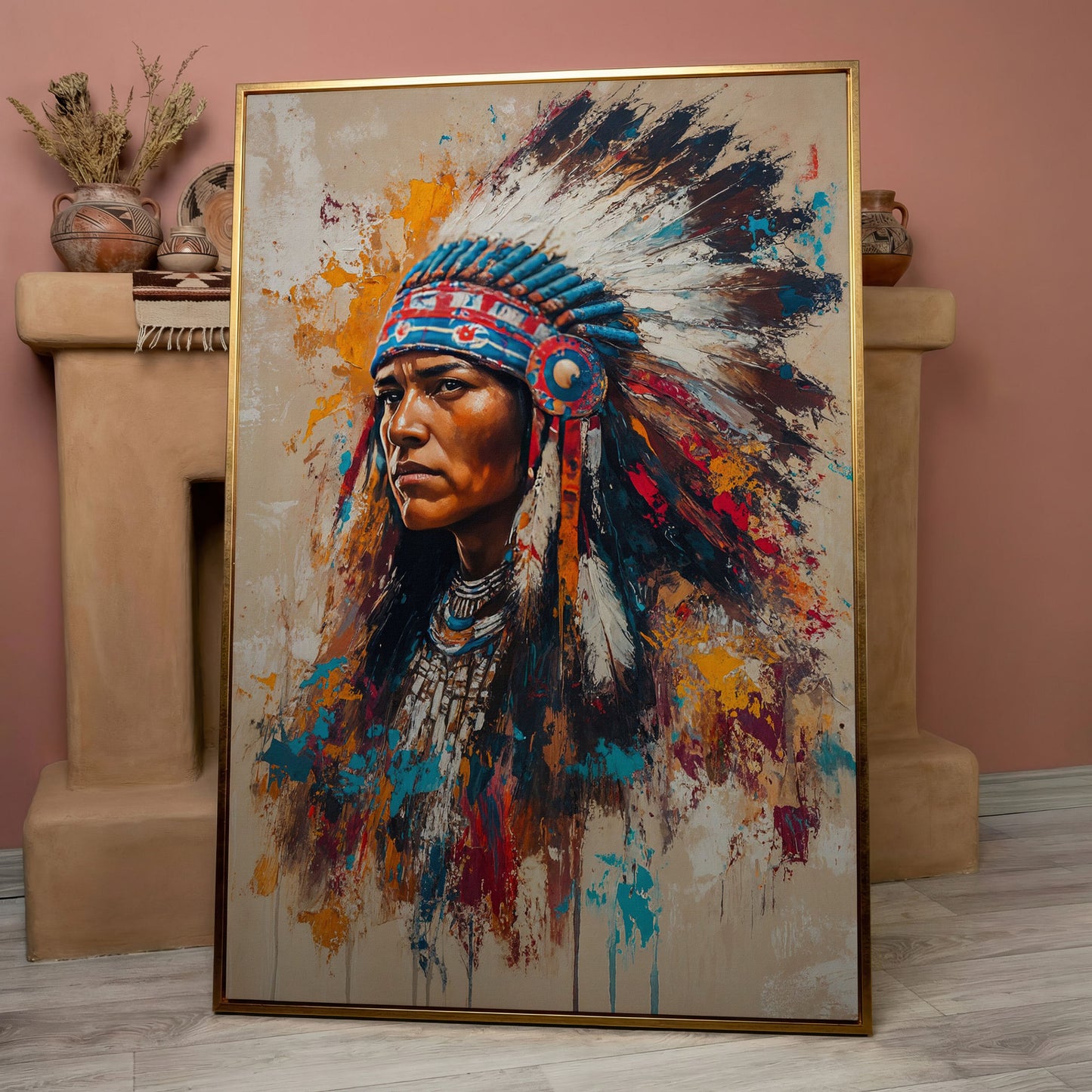 Colorful Native American Woman Portrait Canvas in rose gold floating frame