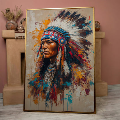 Colorful Native American Woman Portrait Canvas in rose gold floating frame