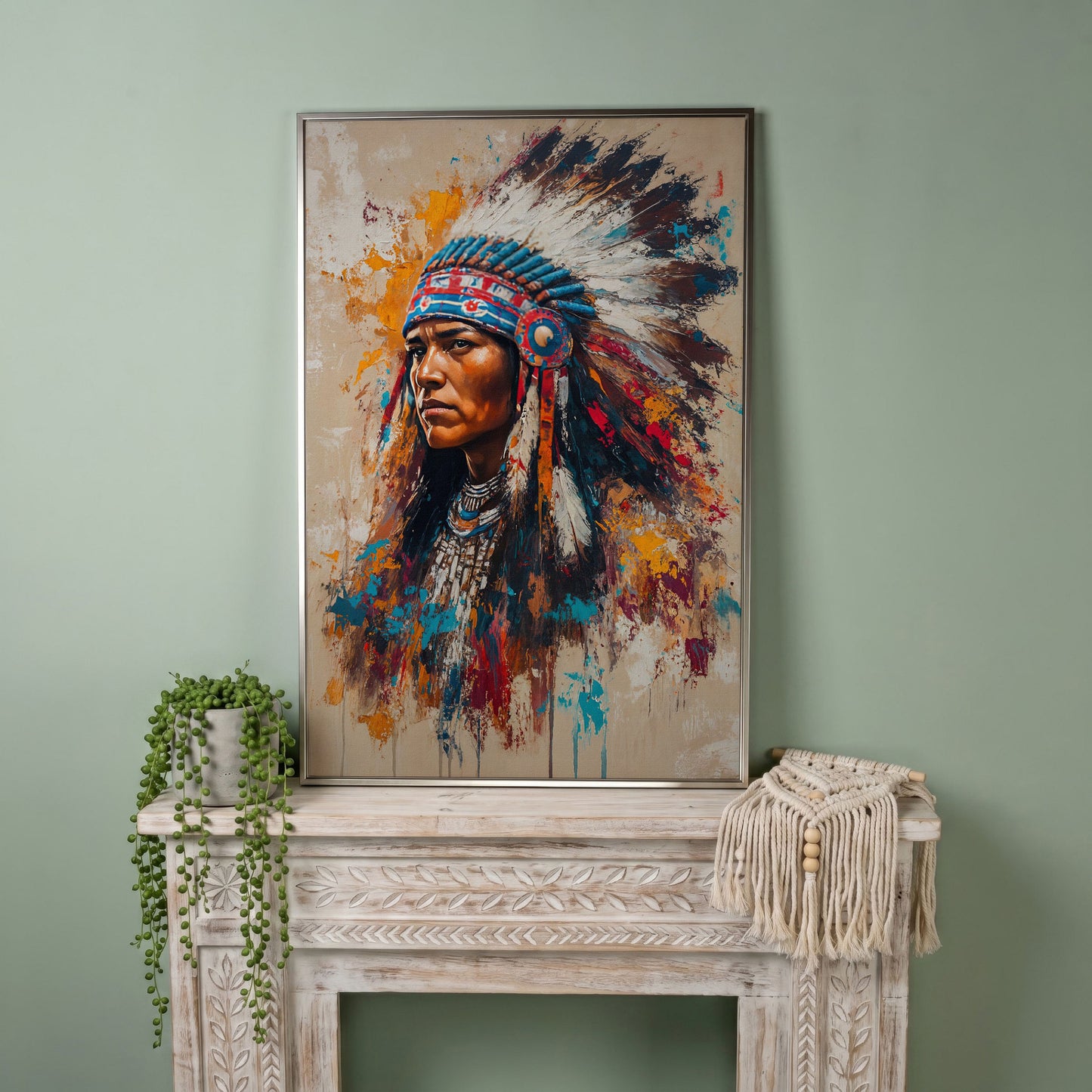 Colorful Native American Woman Portrait Canvas in silver floating frame