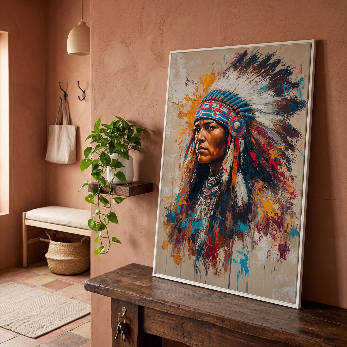 Colorful Native American Woman Portrait Canvas in white floating frame