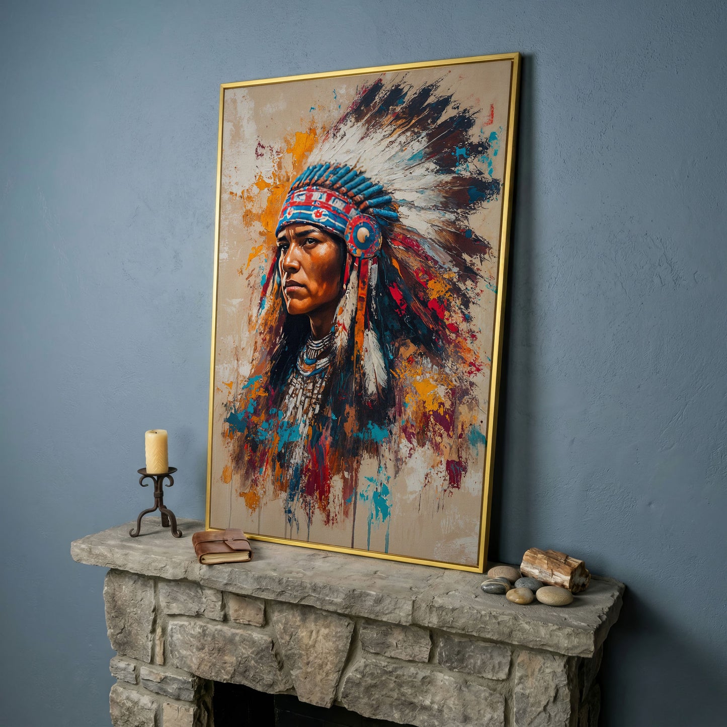 Colorful Native American Woman Portrait Canvas in yellow gold floating frame
