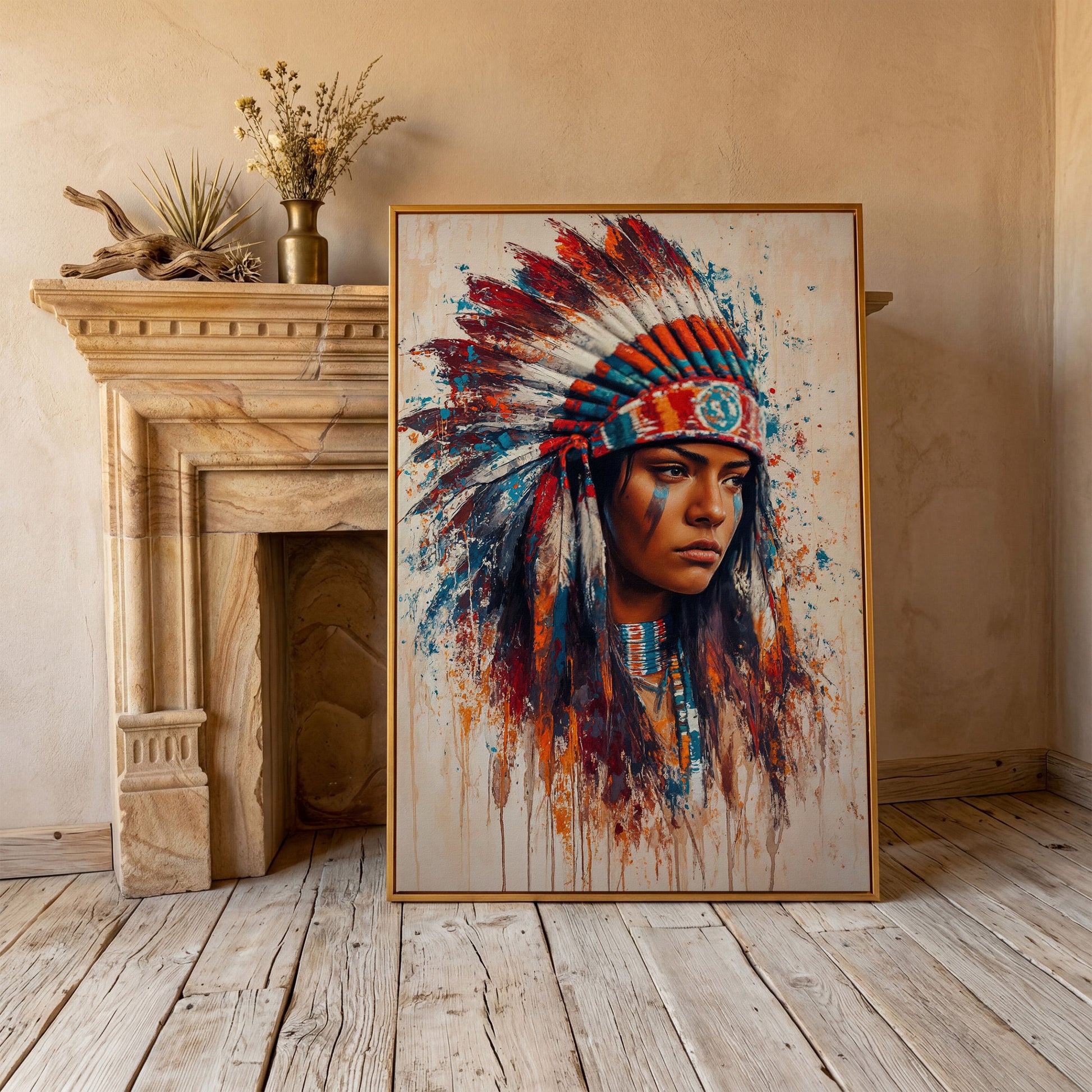 Native American Woman with Feather Headdress Canvas in antique gold floating frame
