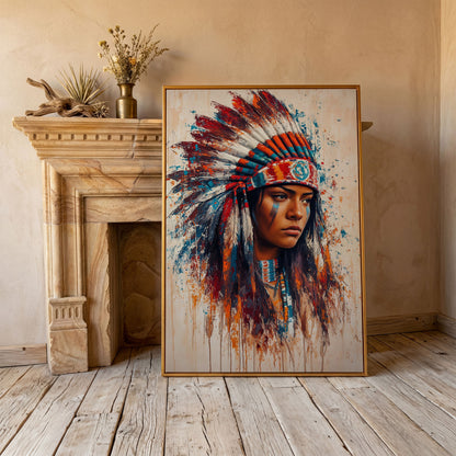Native American Woman with Feather Headdress Canvas in antique gold floating frame