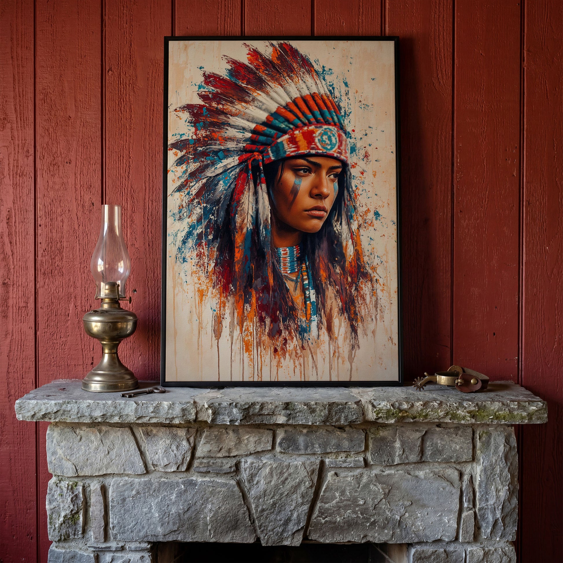 Native American Woman with Feather Headdress Canvas in black floating frame
