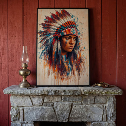 Native American Woman with Feather Headdress Canvas in black floating frame
