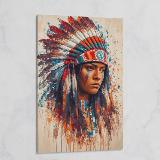 Native American Woman with Feather Headdress Canvas on gallery wrap