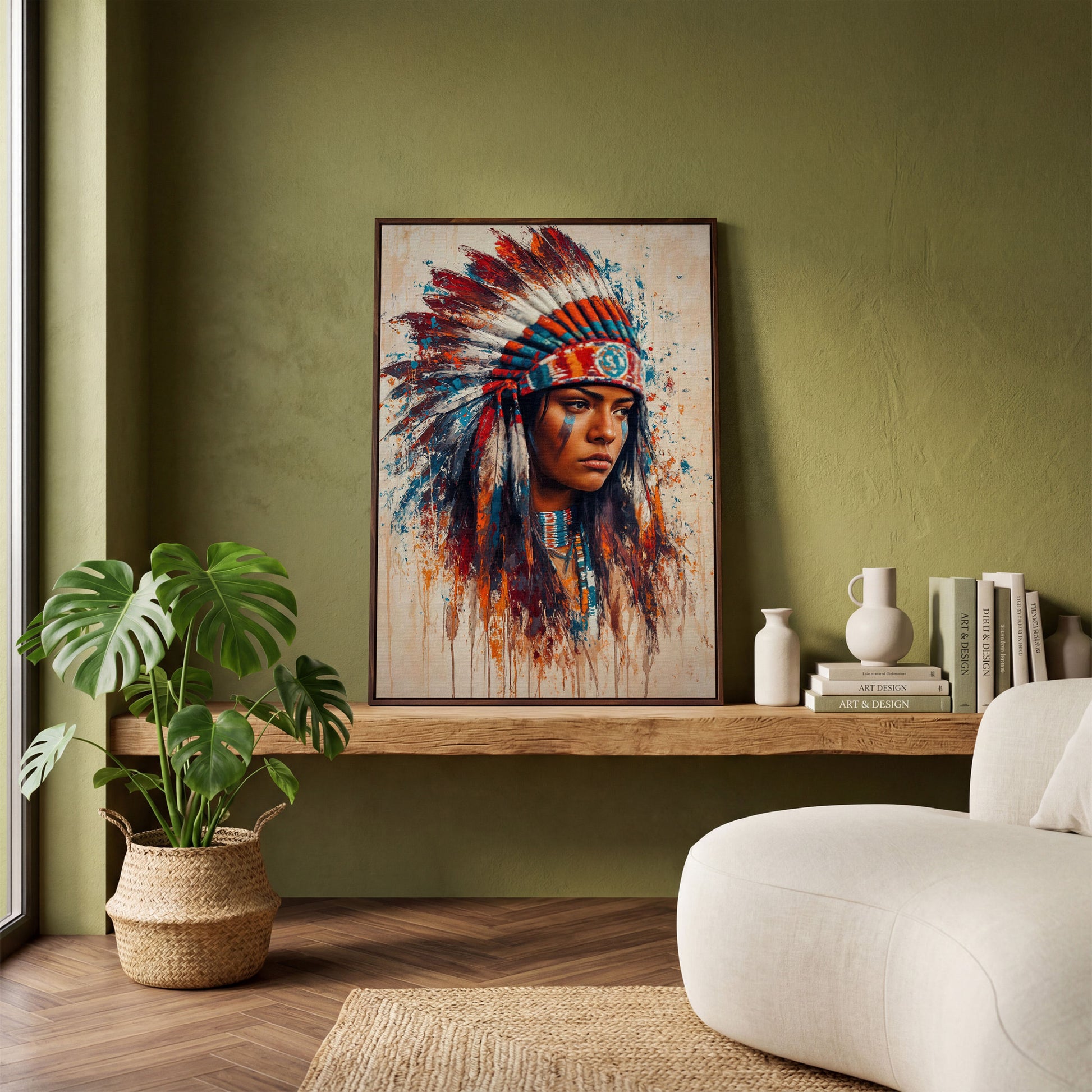 Native American Woman with Feather Headdress Canvas in dark walnut floating frame