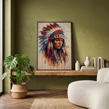 Native American Woman with Feather Headdress Canvas in dark walnut floating frame