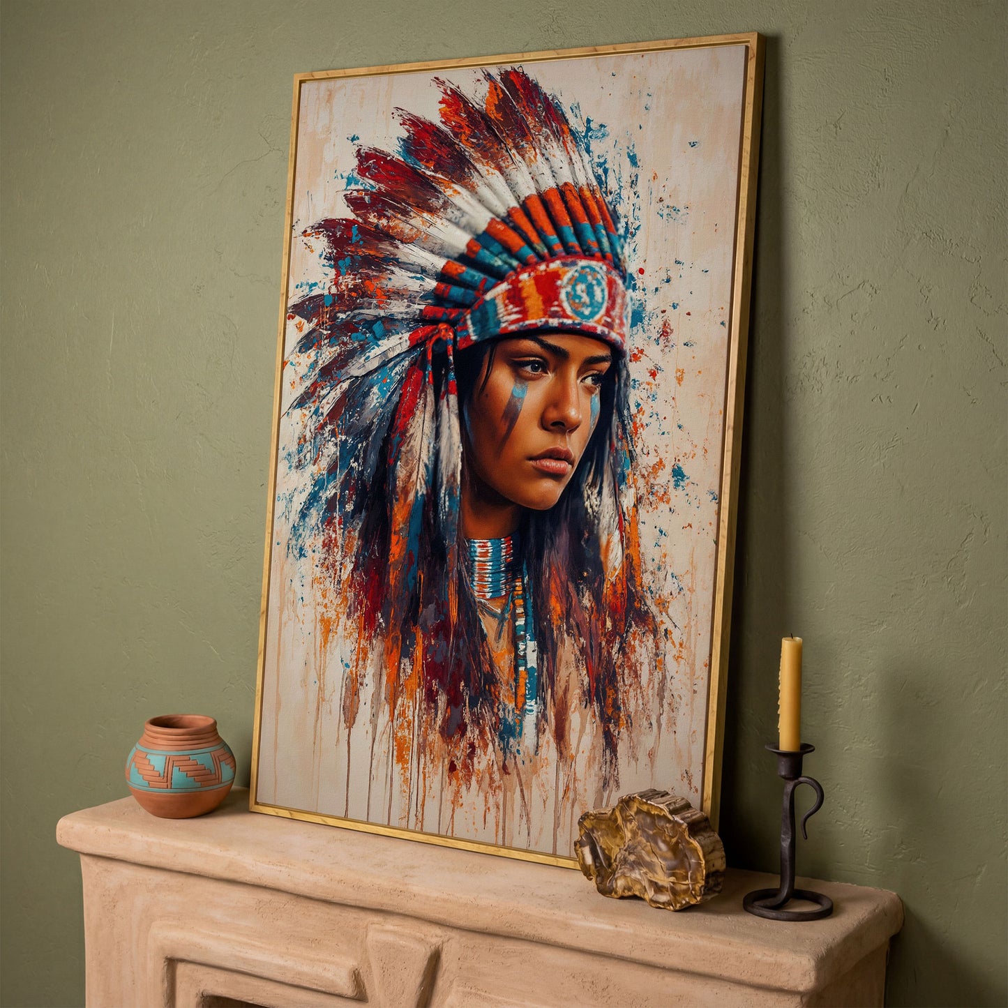 Native American Woman with Feather Headdress Canvas in white oak floating frame