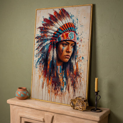 Native American Woman with Feather Headdress Canvas in white oak floating frame