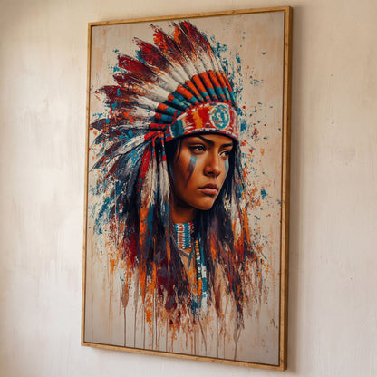 Native American Woman with Feather Headdress Canvas shown in white oak floating frame