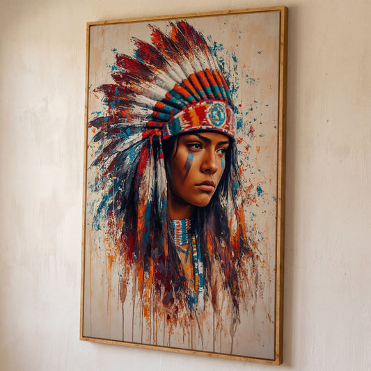 Native American Woman with Feather Headdress Canvas shown in white oak floating frame