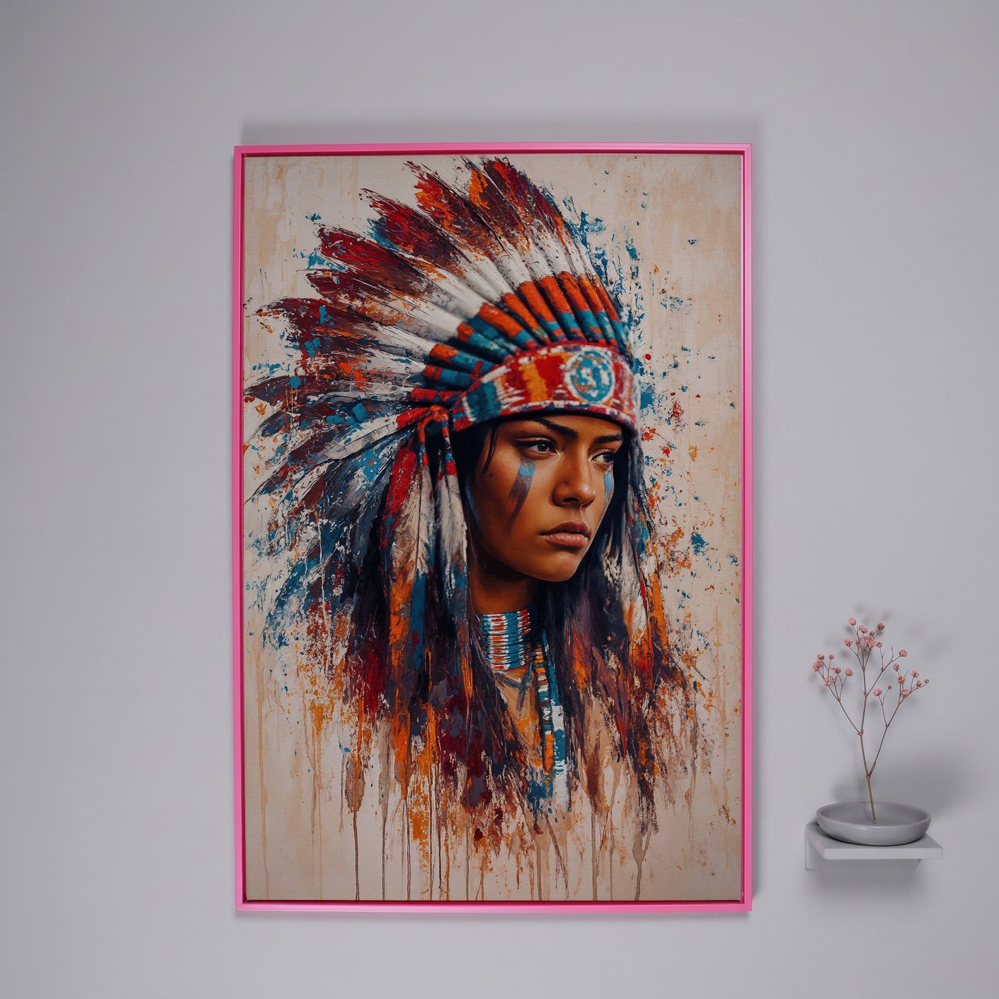 Native American Woman with Feather Headdress Canvas in pink floating frame