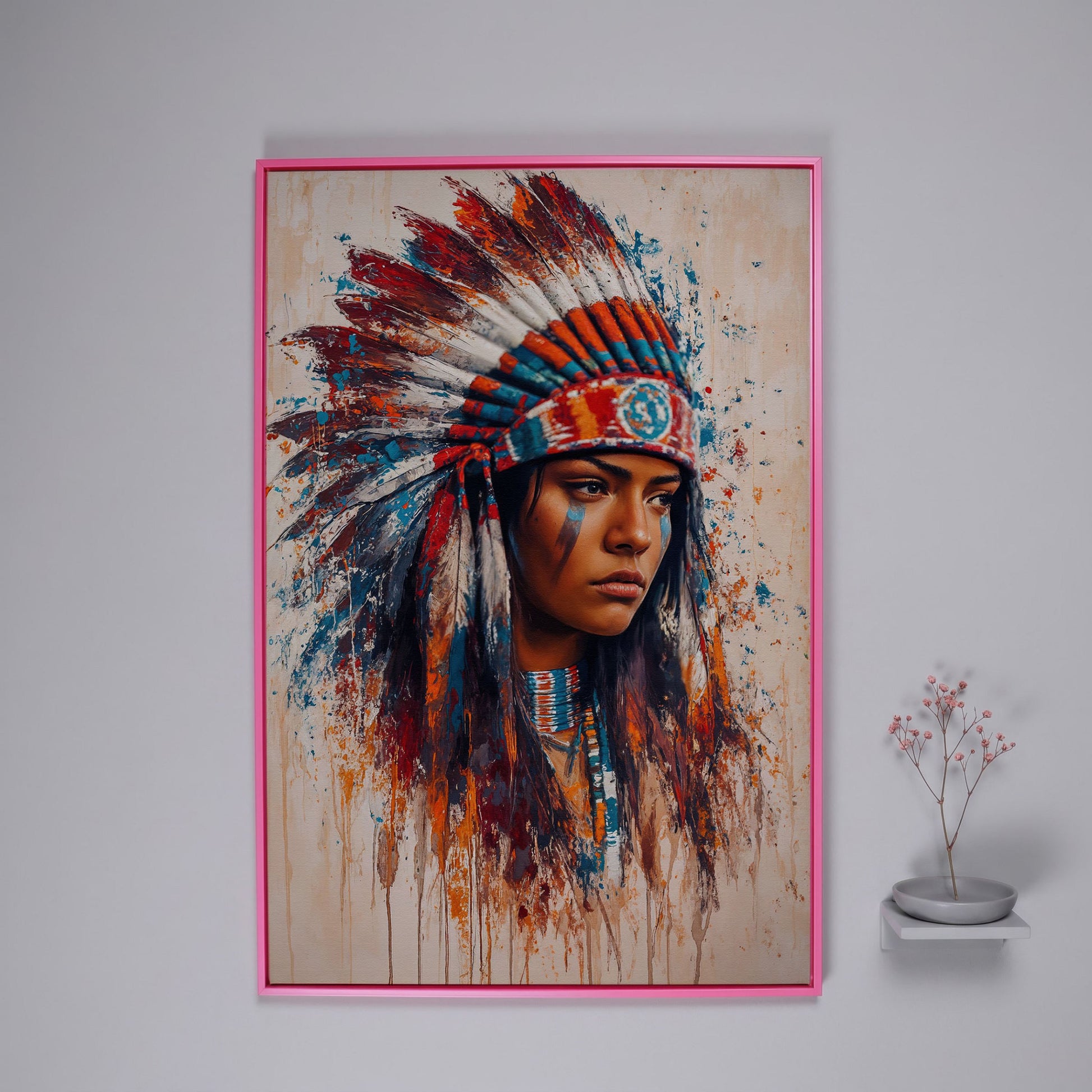 Native American Woman with Feather Headdress Canvas in pink floating frame