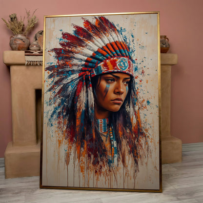 Native American Woman with Feather Headdress Canvas in rose gold floating frame