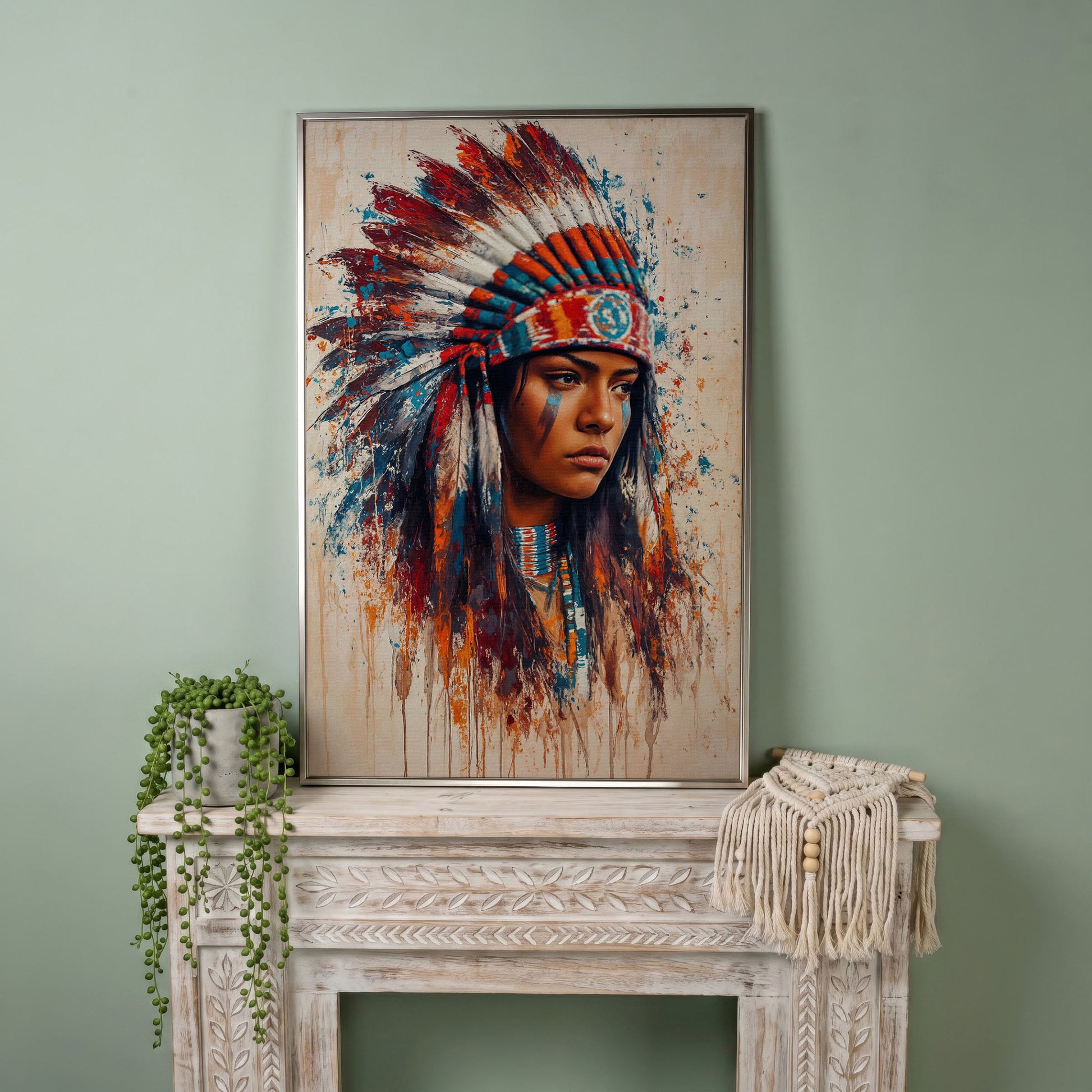 Native American Woman with Feather Headdress Canvas in silver floating frame