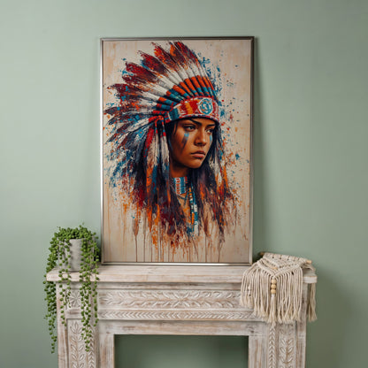 Native American Woman with Feather Headdress Canvas in silver floating frame