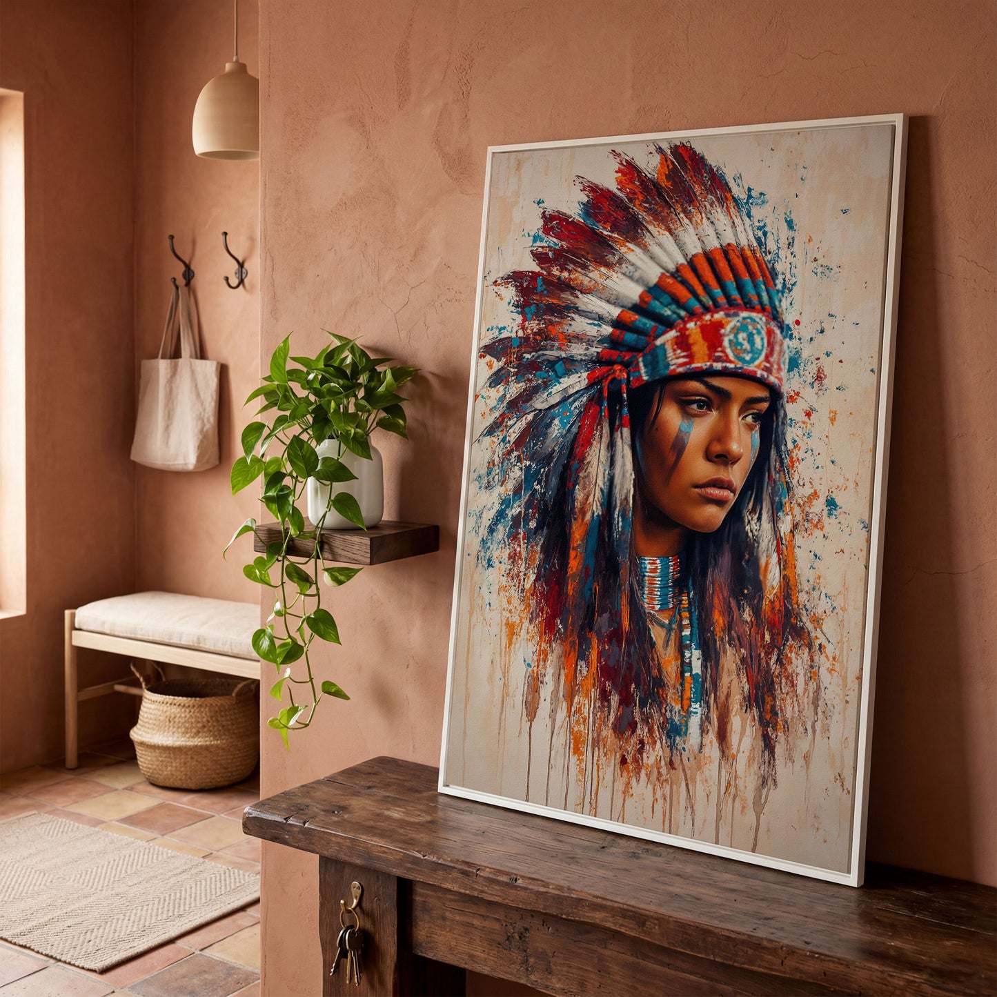 Native American Woman with Feather Headdress Canvas in white floating frame