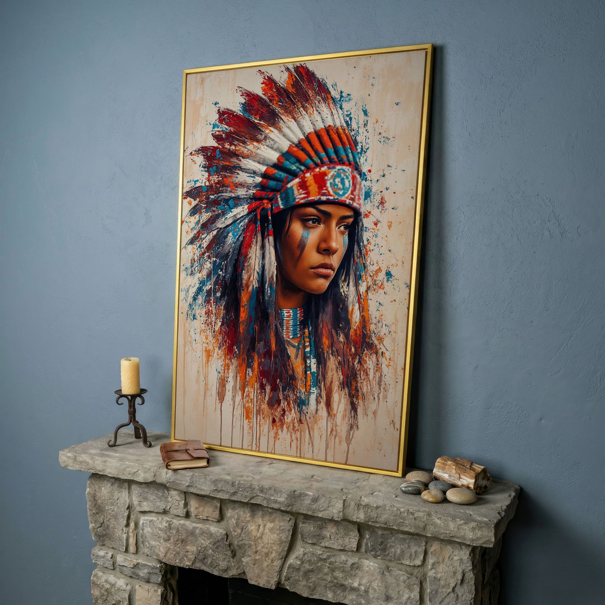 Native American Woman with Feather Headdress Canvas in yellow gold floating frame