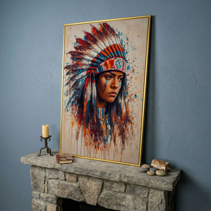 Native American Woman with Feather Headdress Canvas in yellow gold floating frame