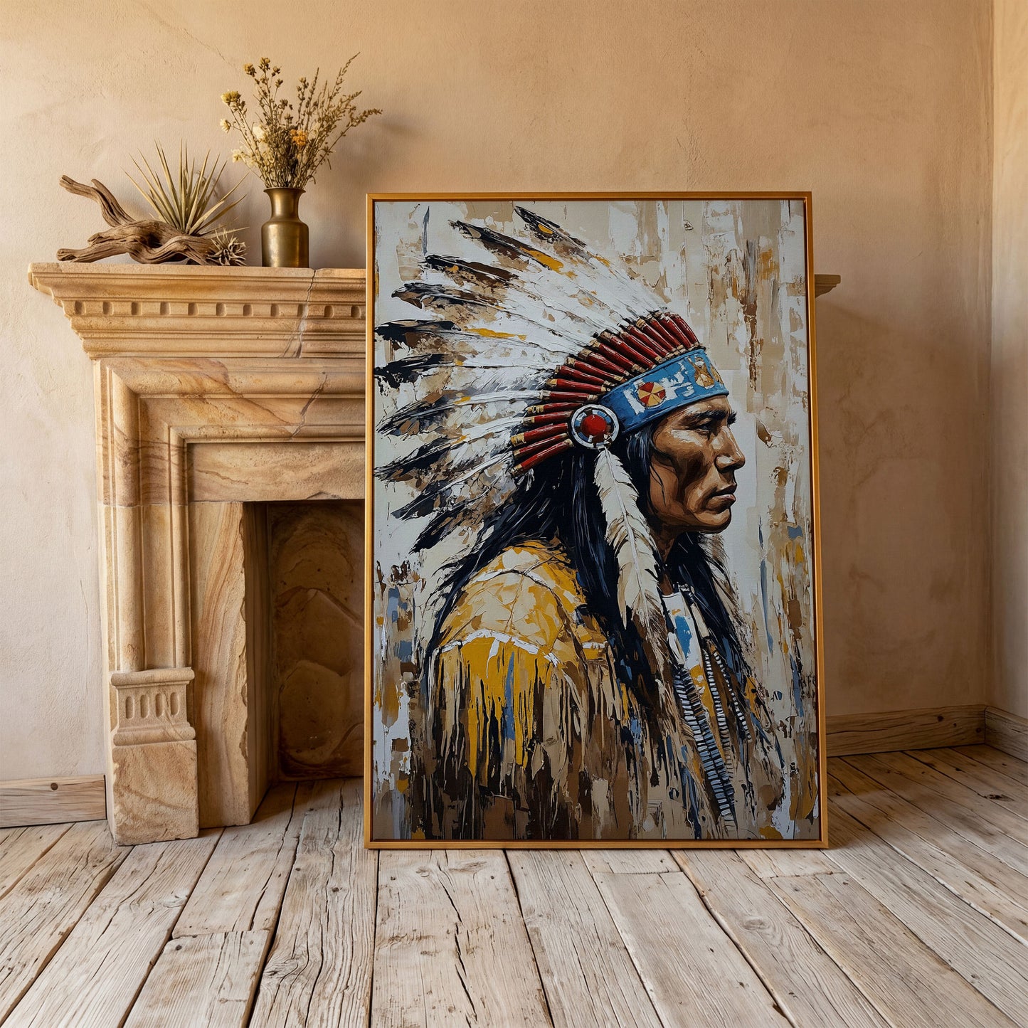 Indian Chief Profile Canvas in Ochre and Red in antique gold floating frame