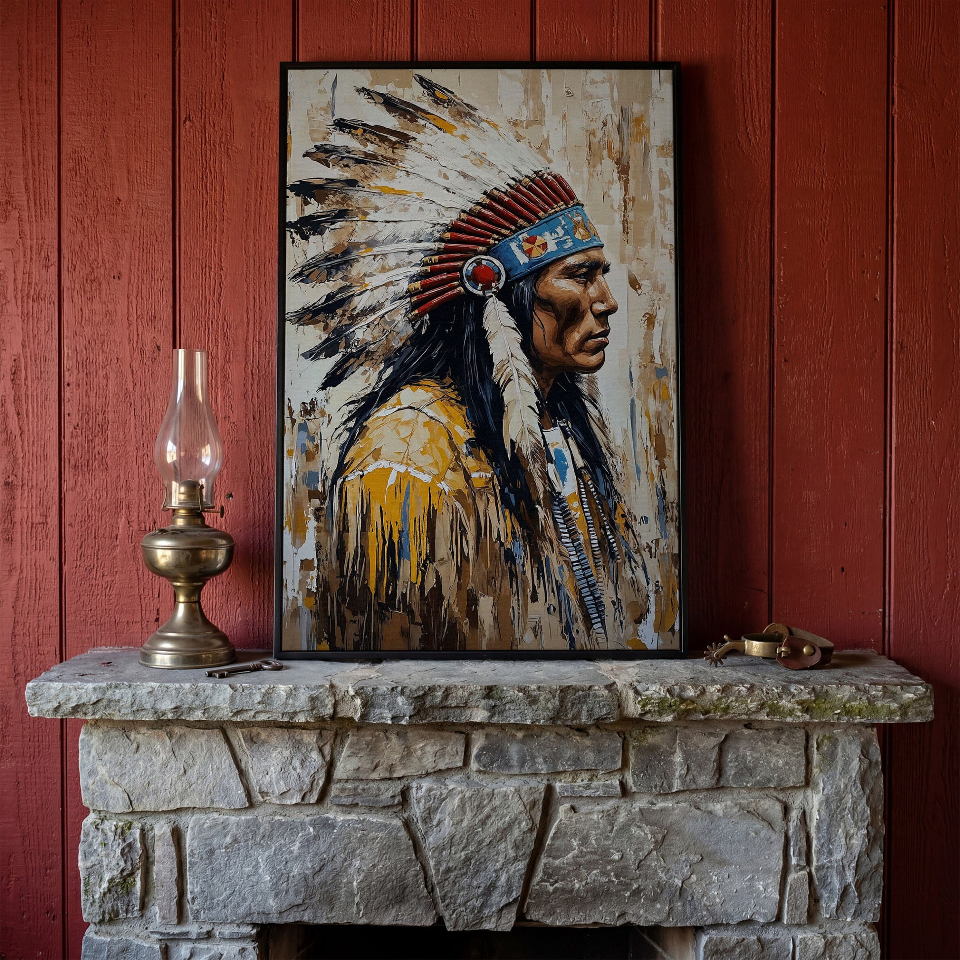 Indian Chief Profile Canvas in Ochre and Red in black floating frame