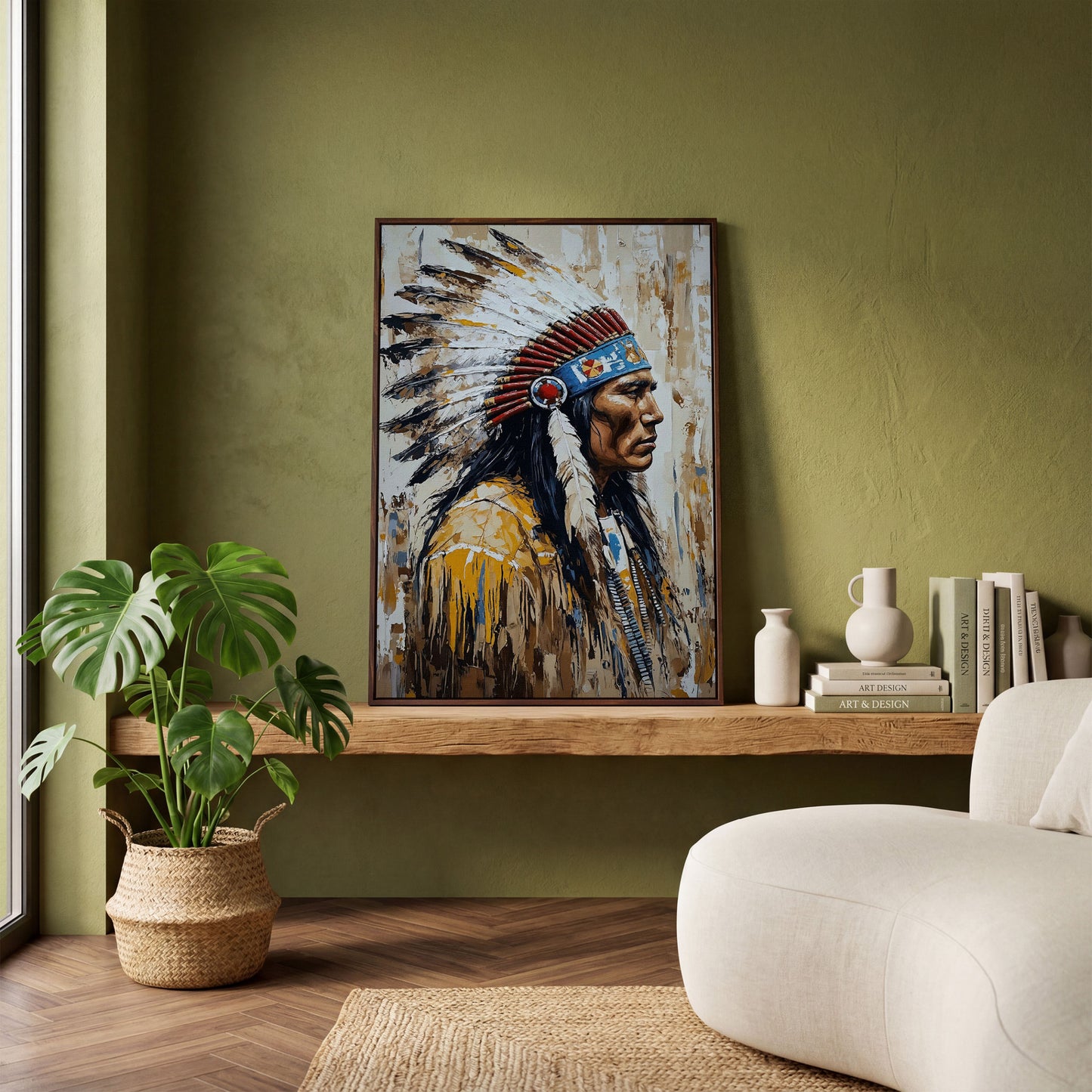 Indian Chief Profile Canvas in Ochre and Red in dark walnut floating frame