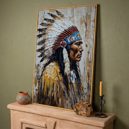 Indian Chief Profile Canvas in Ochre and Red in white oak floating frame