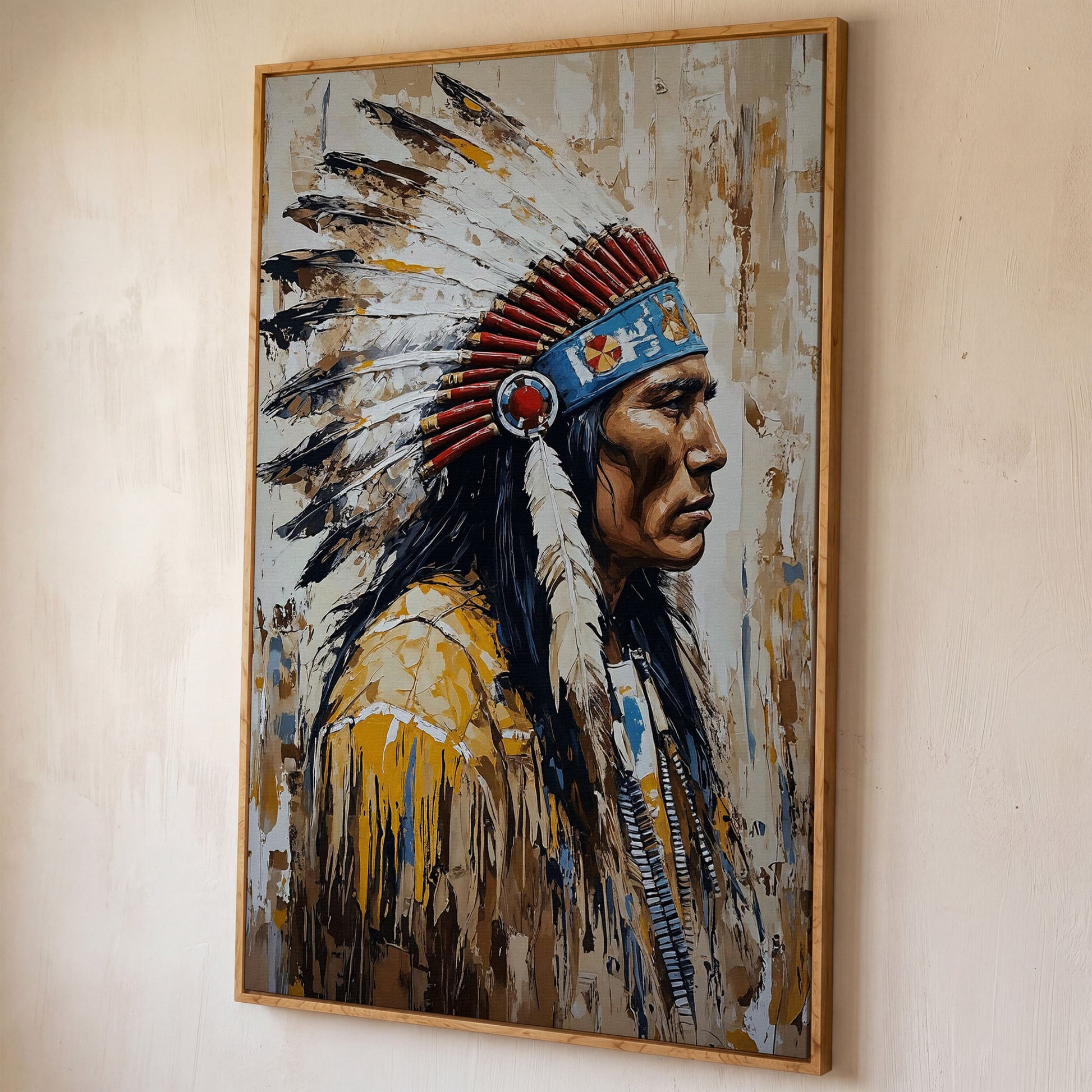 Indian Chief Profile Canvas in Ochre and Red shown in white oak floating frame