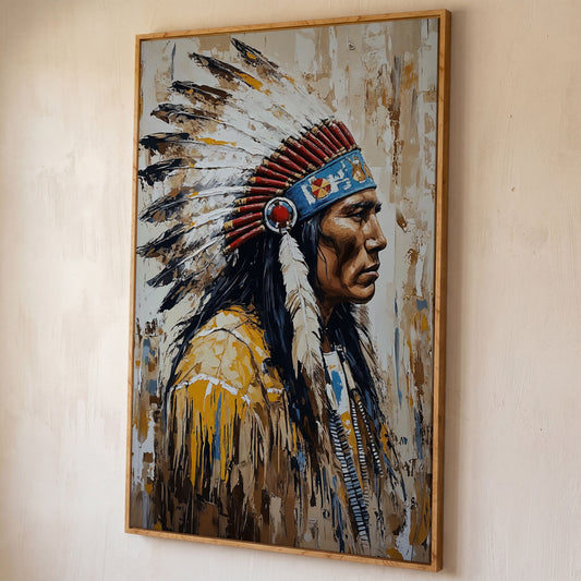 Indian Chief Profile Canvas in Ochre and Red shown in white oak floating frame