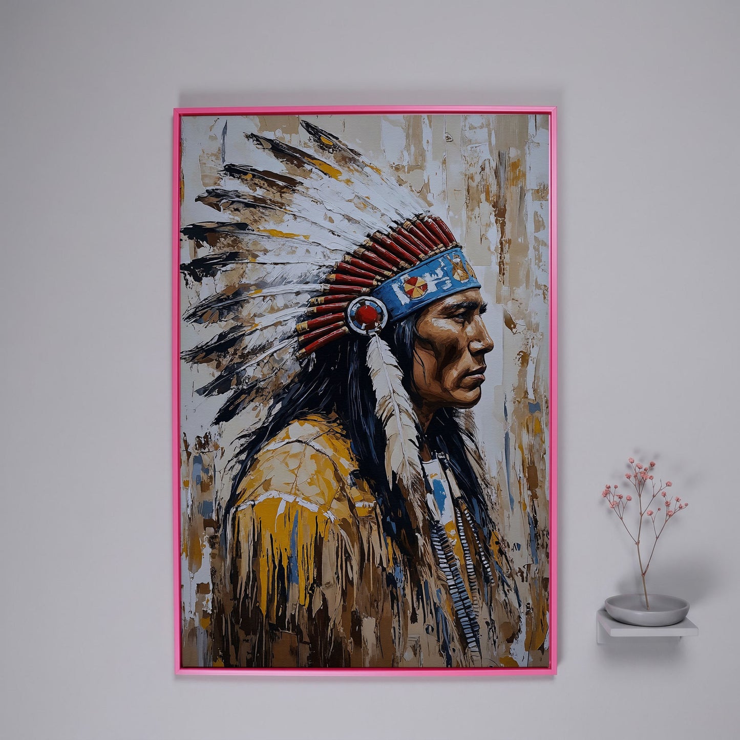 Indian Chief Profile Canvas in Ochre and Red in pink floating frame