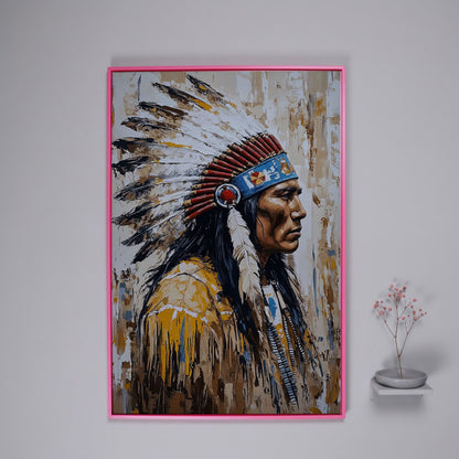 Indian Chief Profile Canvas in Ochre and Red in pink floating frame