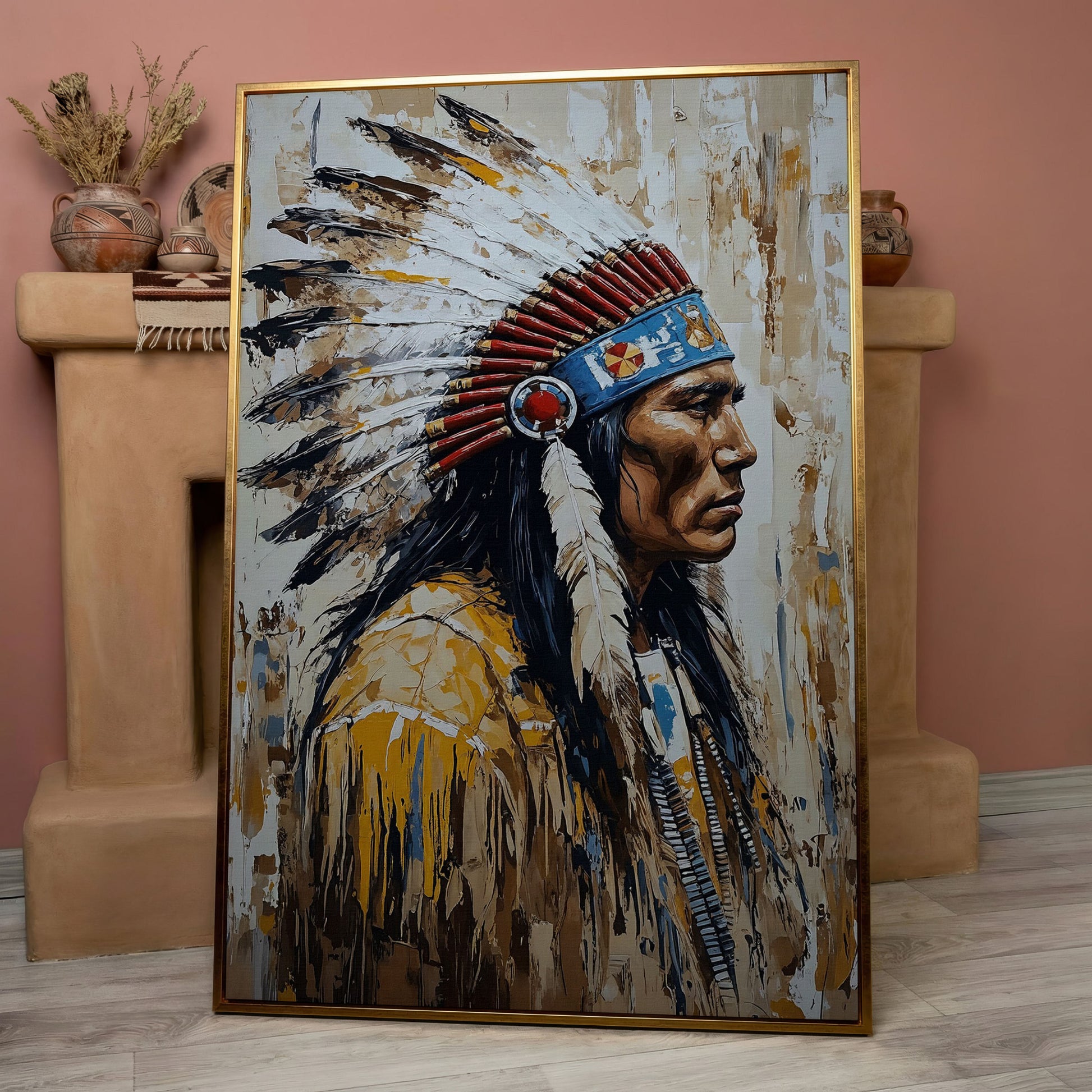 Indian Chief Profile Canvas in Ochre and Red in rose gold floating frame
