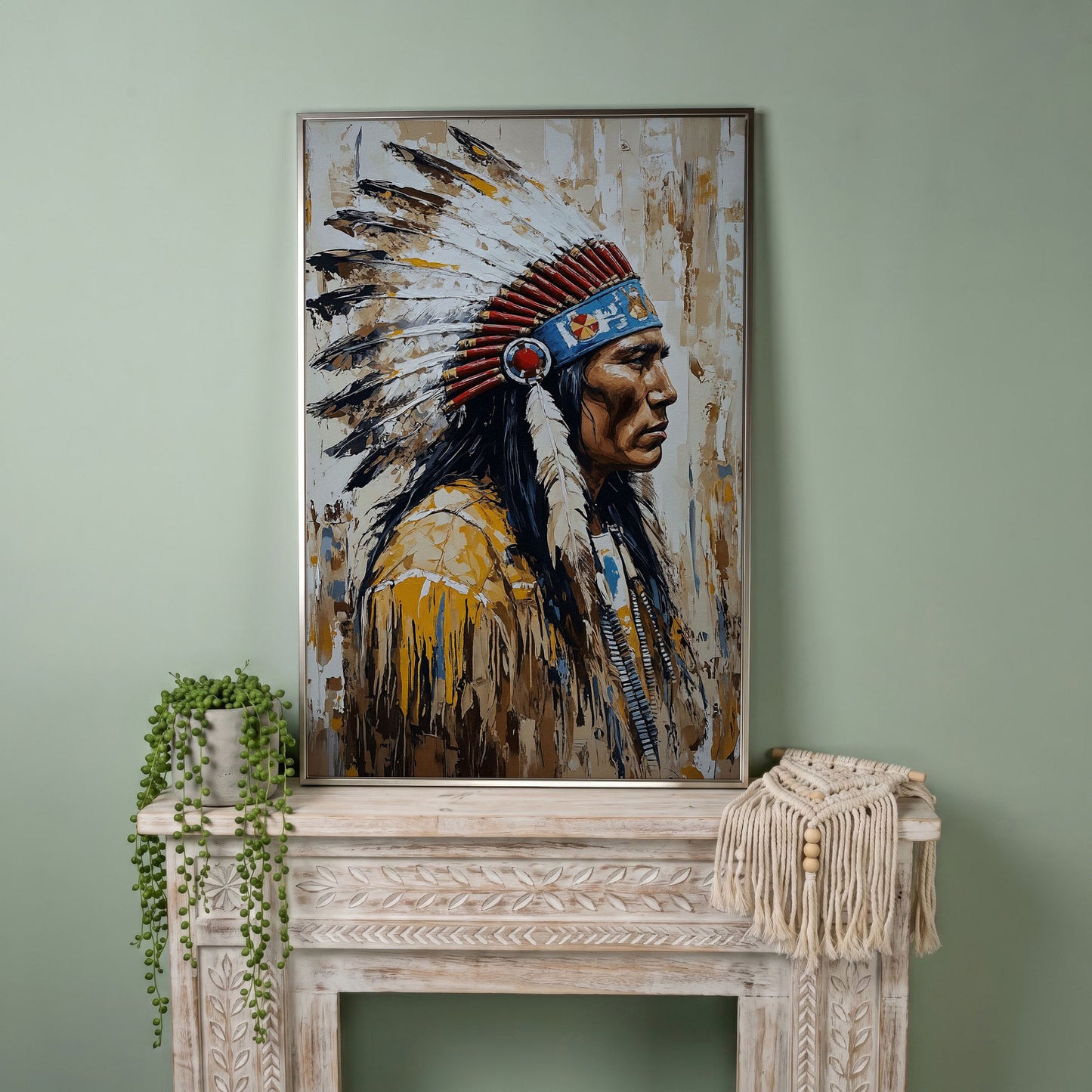 Indian Chief Profile Canvas in Ochre and Red in silver floating frame