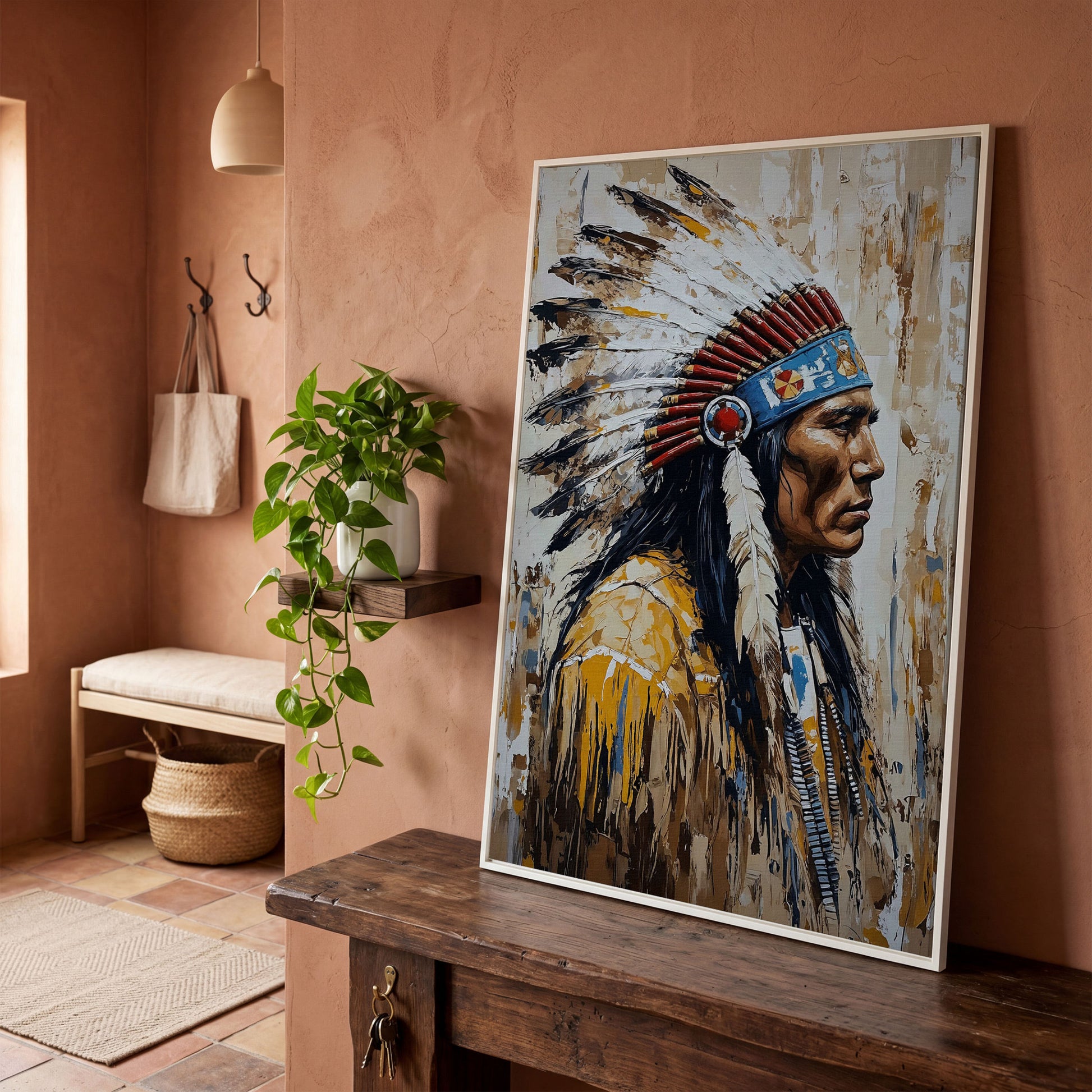 Indian Chief Profile Canvas in Ochre and Red in white floating frame