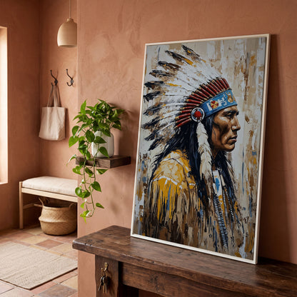 Indian Chief Profile Canvas in Ochre and Red in white floating frame