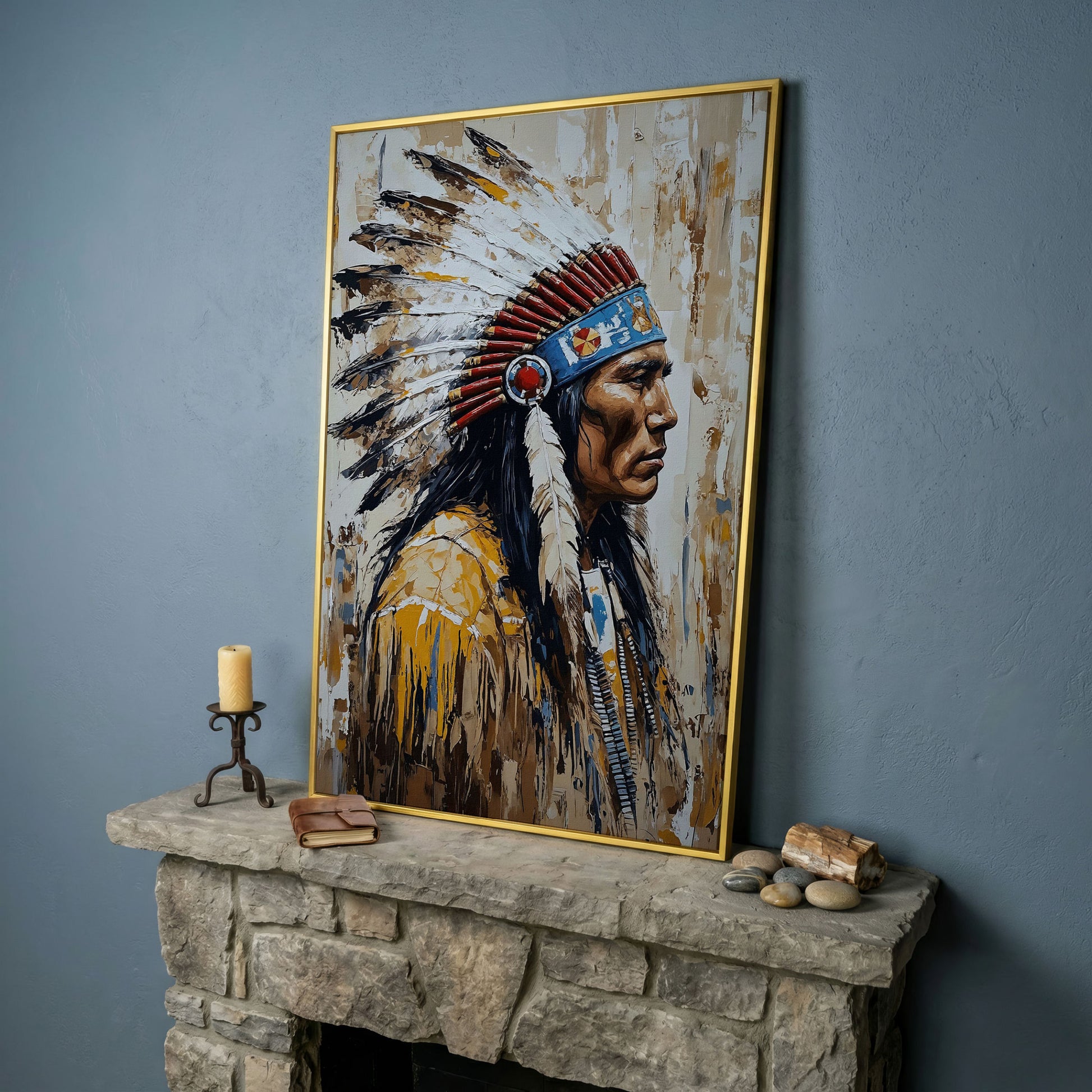Indian Chief Profile Canvas in Ochre and Red in yellow gold floating frame