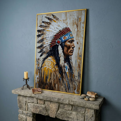 Indian Chief Profile Canvas in Ochre and Red in yellow gold floating frame