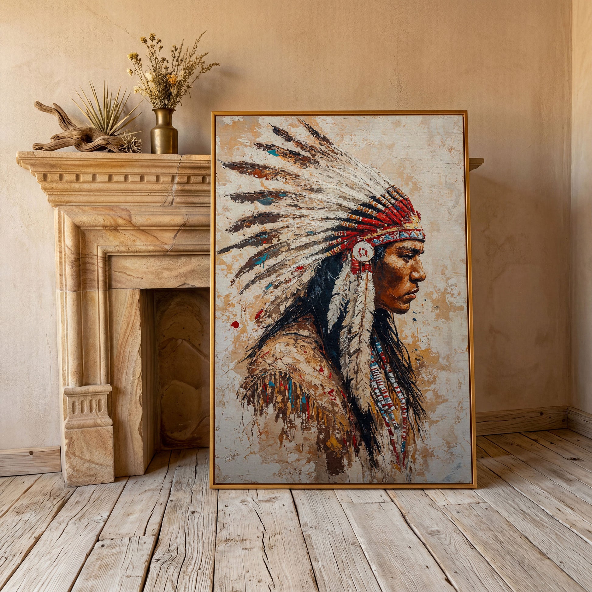 Native American Warrior with Feather Headdress Canvas in antique gold floating frame