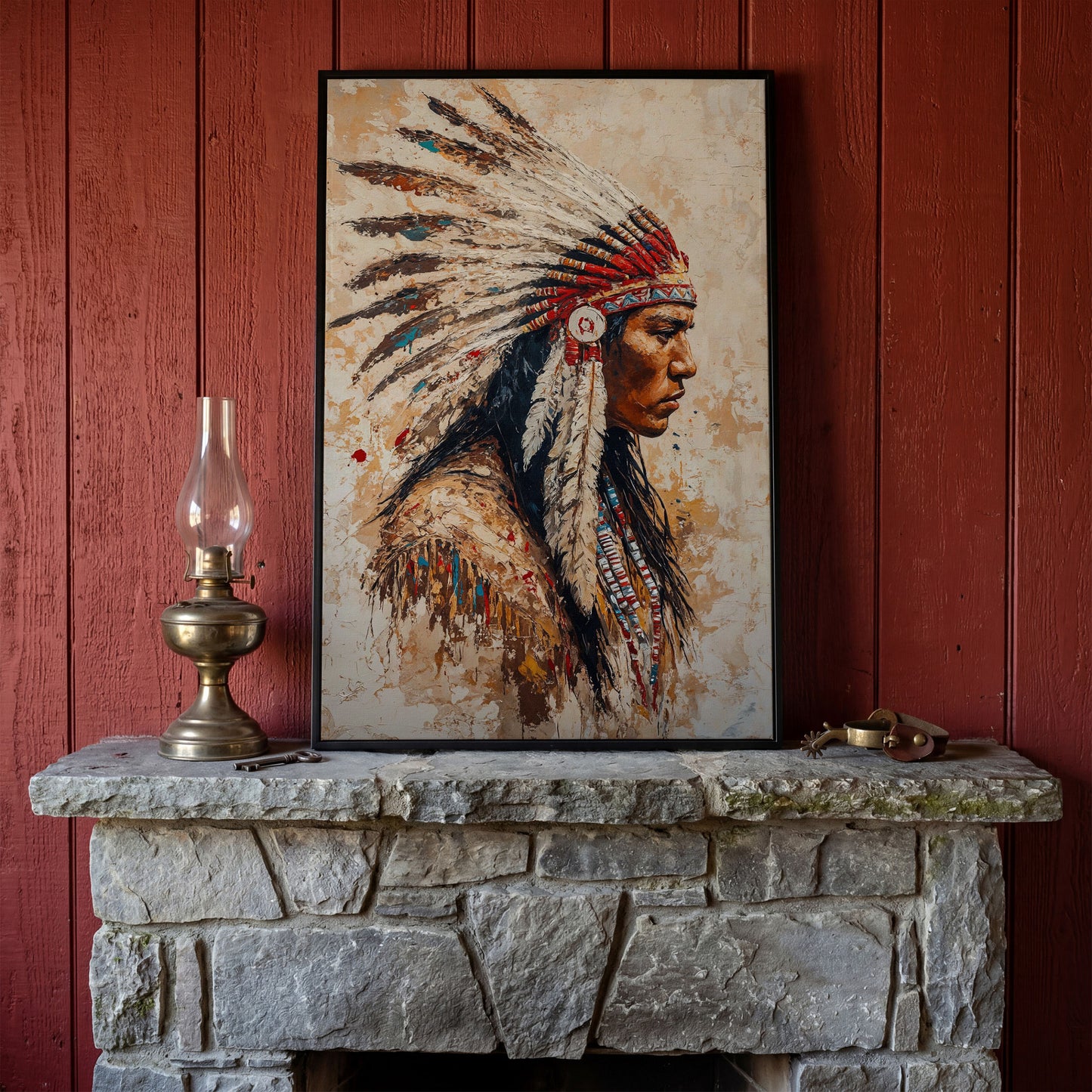 Native American Warrior with Feather Headdress Canvas in black floating frame