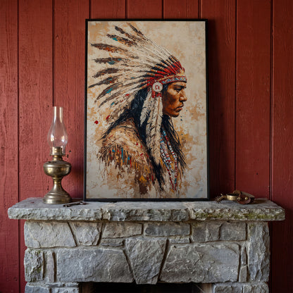 Native American Warrior with Feather Headdress Canvas in black floating frame