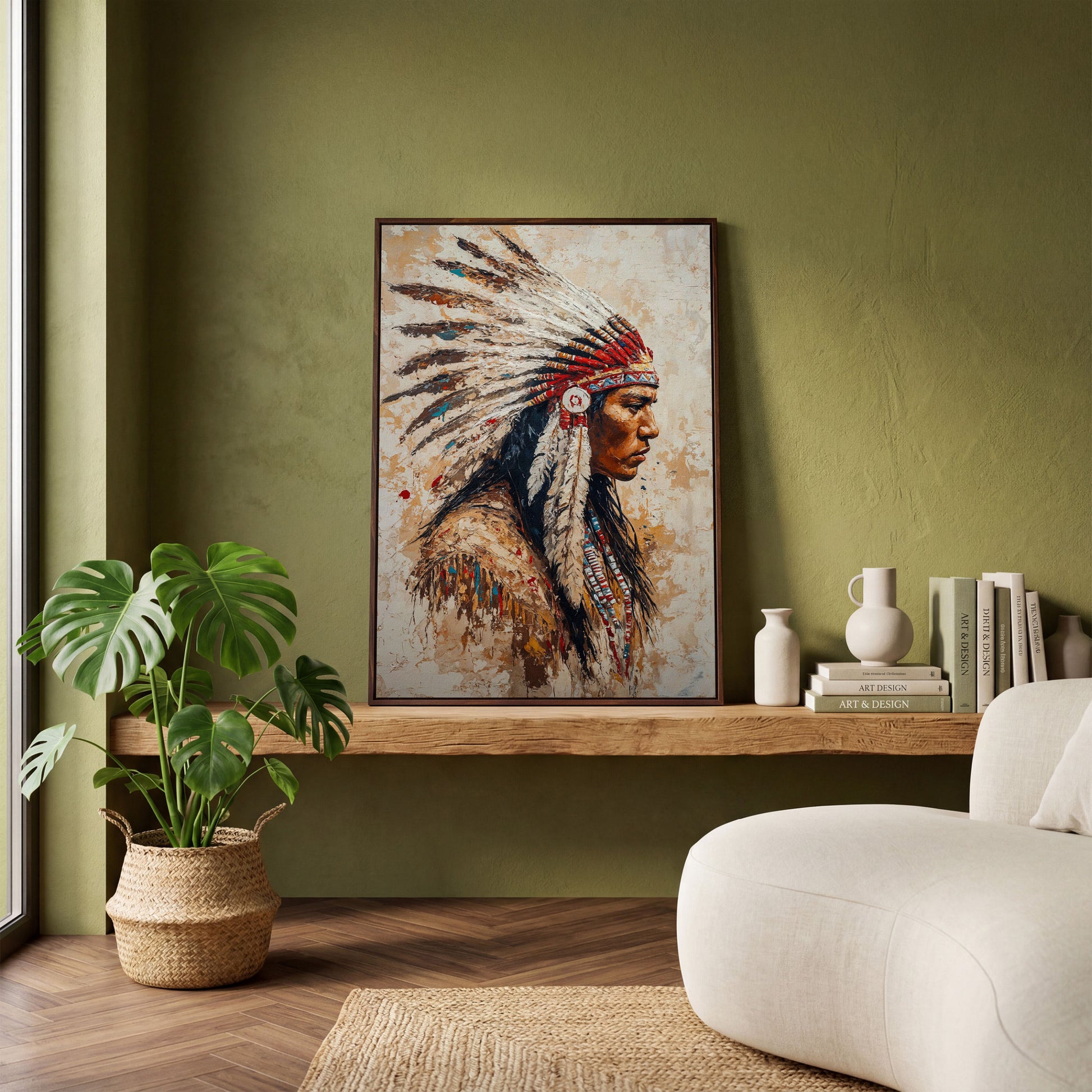 Native American Warrior with Feather Headdress Canvas in dark walnut floating frame