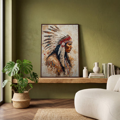 Native American Warrior with Feather Headdress Canvas in dark walnut floating frame