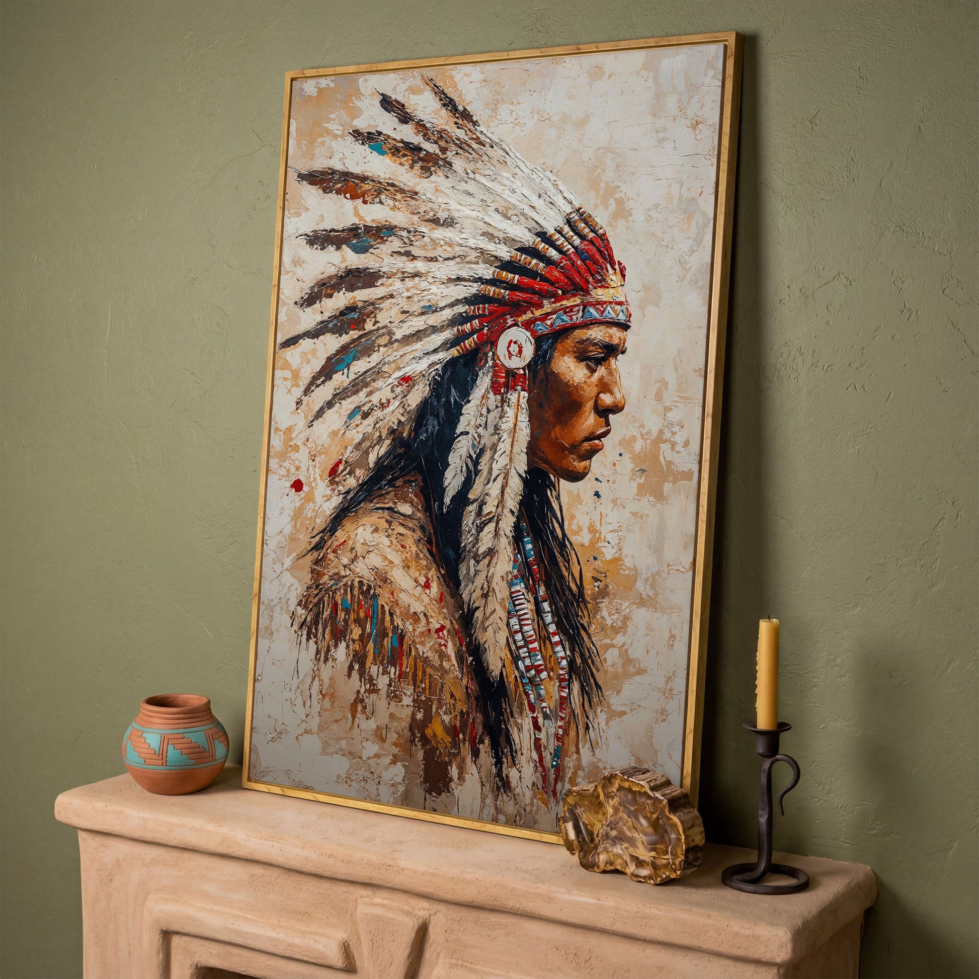 Native American Warrior with Feather Headdress Canvas in white oak floating frame