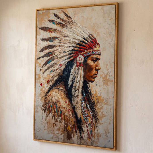 Native American Warrior with Feather Headdress Canvas shown in white oak floating frame