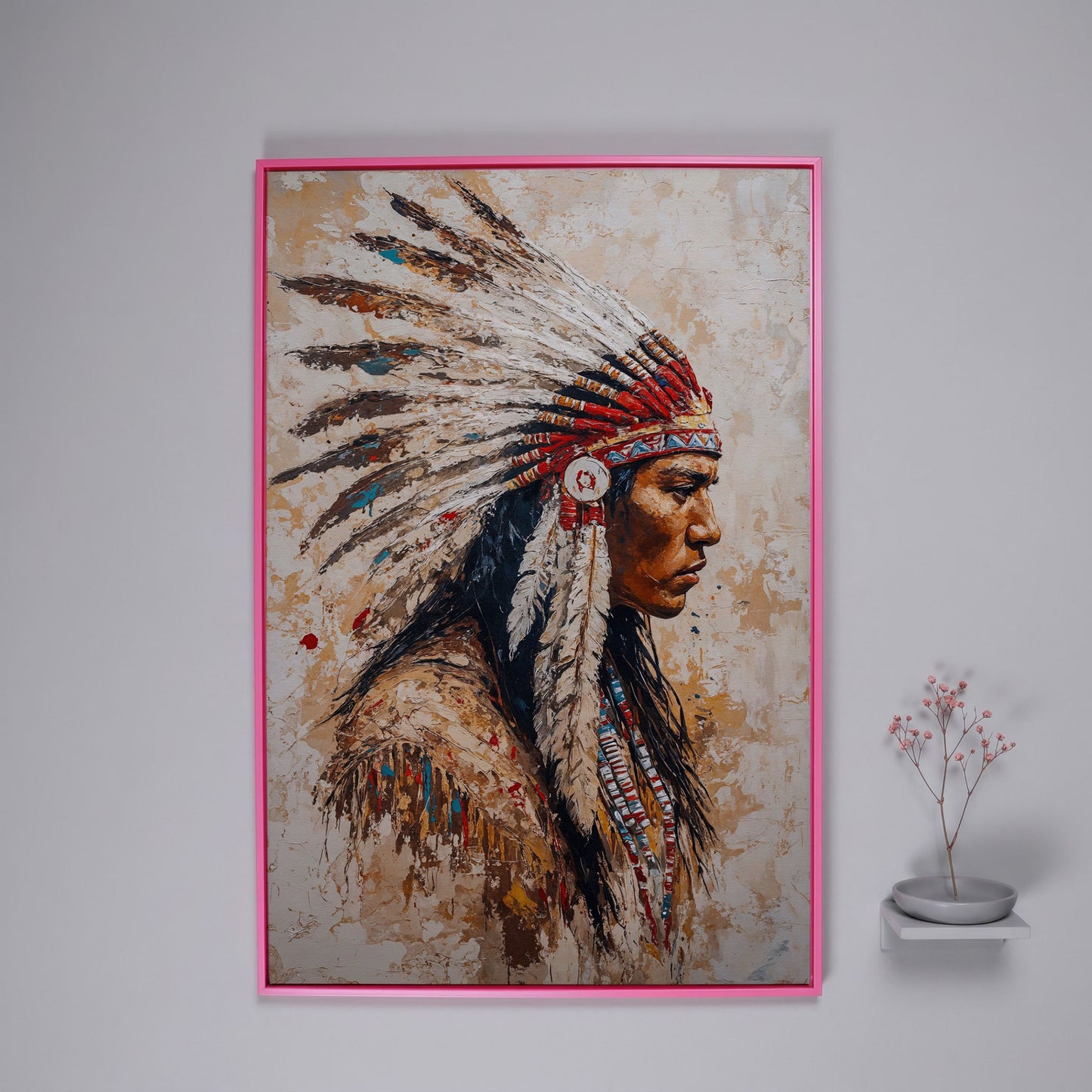 Native American Warrior with Feather Headdress Canvas in pink floating frame