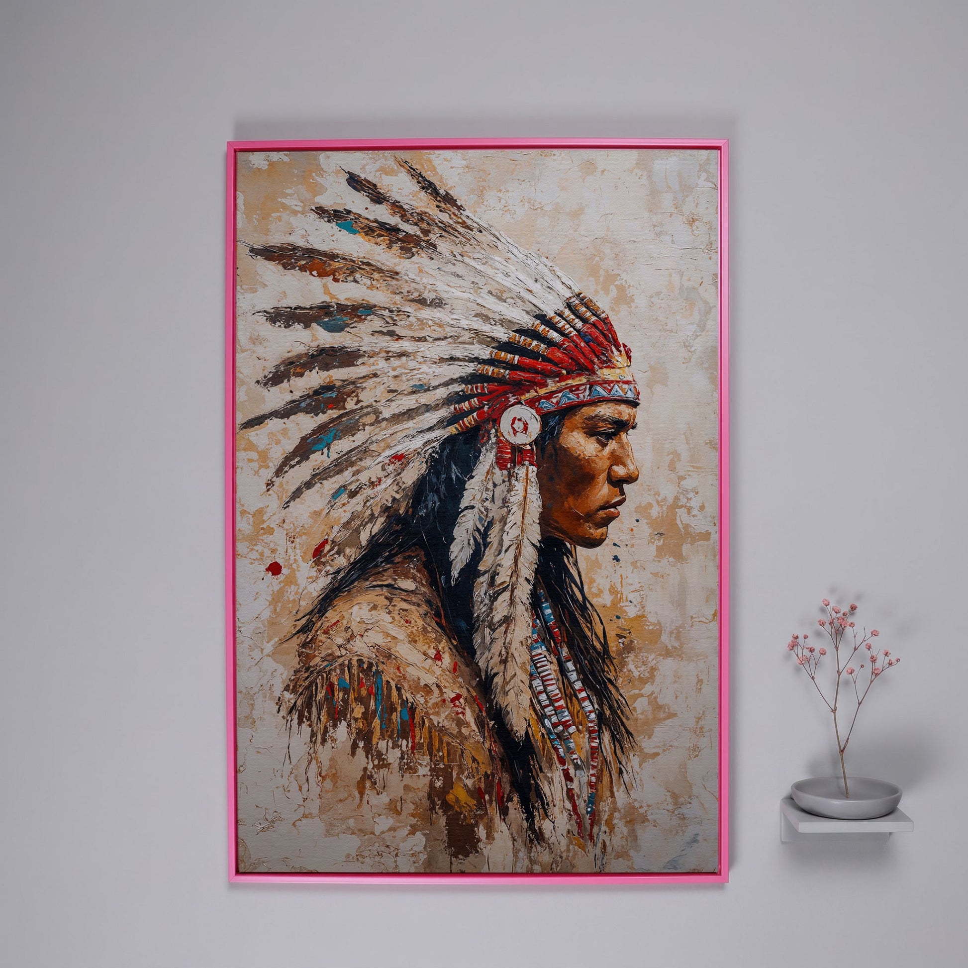 Native American Warrior with Feather Headdress Canvas in pink floating frame