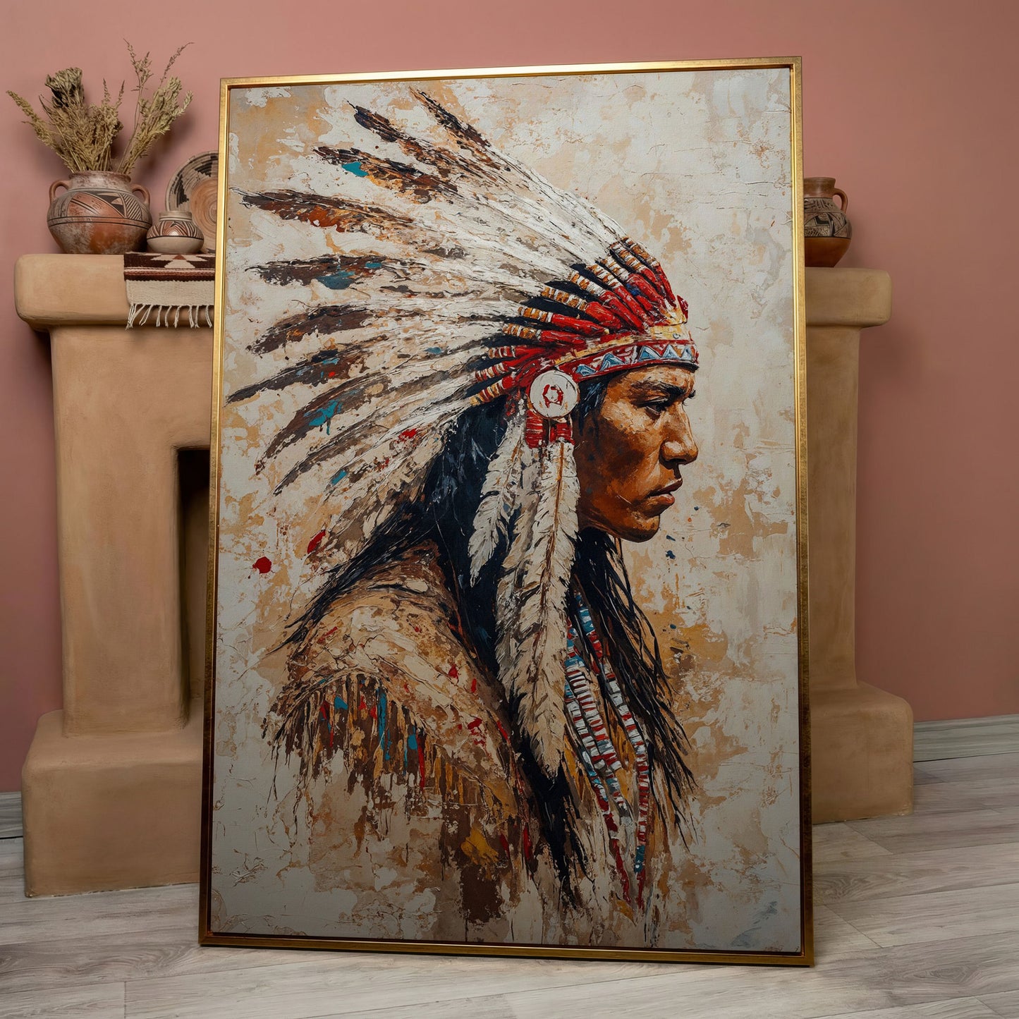 Native American Warrior with Feather Headdress Canvas in rose gold floating frame