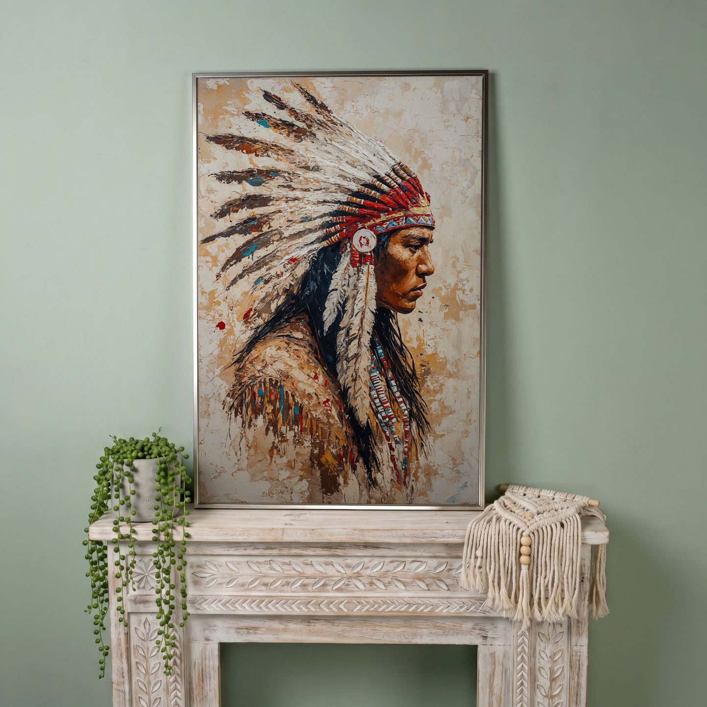 Native American Warrior with Feather Headdress Canvas in silver floating frame
