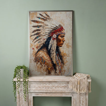 Native American Warrior with Feather Headdress Canvas in silver floating frame